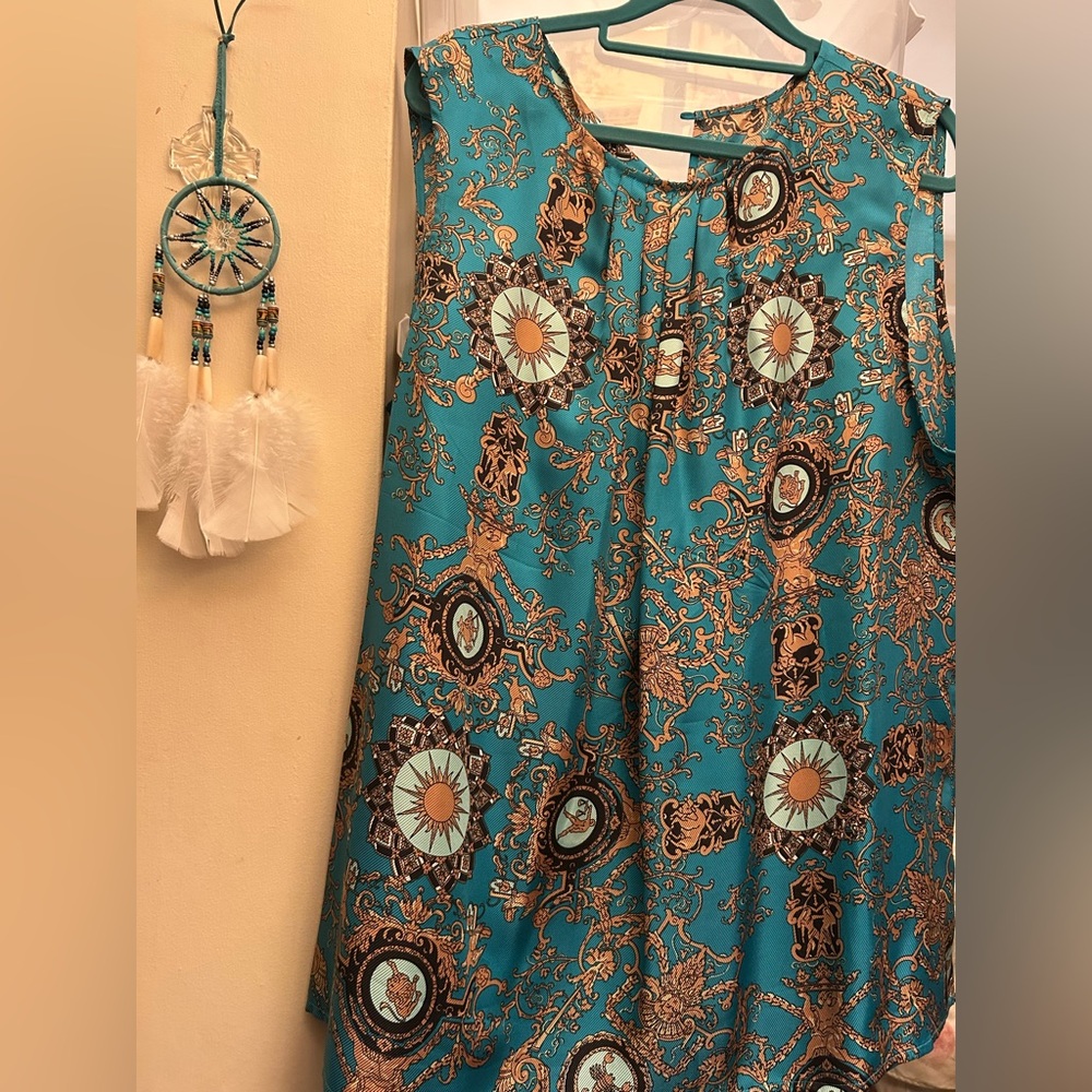 Talbots NWOT Silk File Top Zodiac Print sz 20 sleeveless turquoise, gold, white - Picture 5 of 15